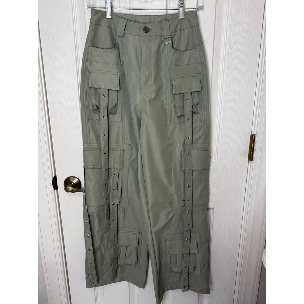 Utility Cargo Strap Pants Sage Green Juniors 26 High Waist Wide Leg